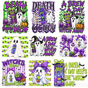 May include: A collection of digital illustrations featuring ghosts, purple bows, pumpkins, and energy drink cans with the text Witch's Brew, Death Before Decaf, and A Brew A Day Keeps The Witch Away, rendered in vibrant shades of purple, green, and black.