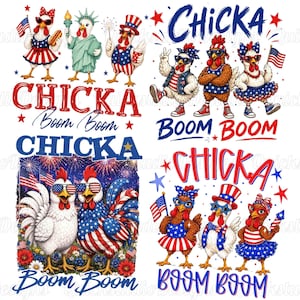 Puede incluir: Ilustraciones de pollos patri&oacute;ticos en rojo, blanco y azul, celebrando el D&iacute;a de la Independencia. Los dise&ntilde;os incluyen pollos vestidos con atuendos festivos, sosteniendo banderas y fuegos artificiales, con las palabras "Chicka Boom Boom".