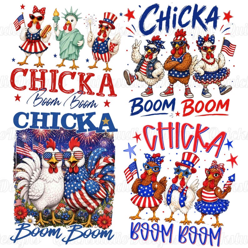 Puede incluir: Ilustraciones de pollos patri&oacute;ticos en rojo, blanco y azul, celebrando el D&iacute;a de la Independencia. Los dise&ntilde;os incluyen pollos vestidos con atuendos festivos, sosteniendo banderas y fuegos artificiales, con las palabras "Chicka Boom Boom".