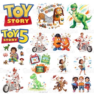 May include: A collection of Toy Story themed illustrations featuring the Toy Story and Toy Story 5 logos, Slinky Dog, Rex the dinosaur, Mr. and Mrs. Potato Head, Duke Caboom on a motorcycle, children playing with toys, and various electronic learning tablets.