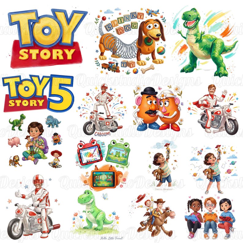 May include: A collection of Toy Story themed illustrations featuring the Toy Story and Toy Story 5 logos, Slinky Dog, Rex the dinosaur, Mr. and Mrs. Potato Head, Duke Caboom on a motorcycle, children playing with toys, and various electronic learning tablets.
