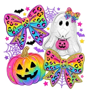 May include: A graphic illustration featuring a white ghost holding a pink jack-o'-lantern bucket, a rainbow-colored pumpkin, and two large bows with a leopard print pattern. The design includes purple spider webs, bats, and colorful stars.