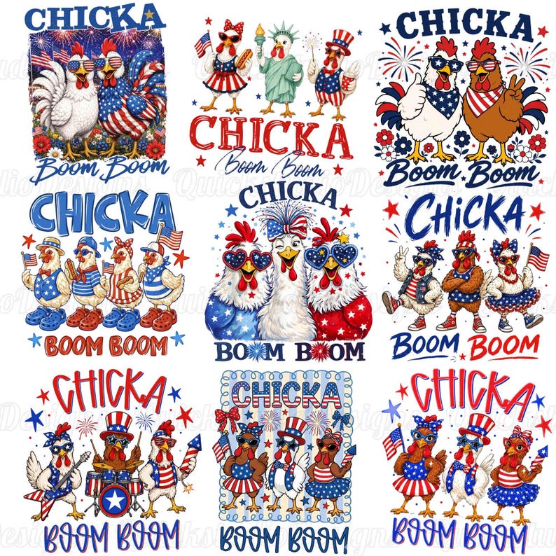 Puede incluir: Una colecci&oacute;n de dise&ntilde;os patri&oacute;ticos con gallinas vestidas de rojo, blanco y azul. Los dise&ntilde;os incluyen gallinas con gafas de sol, sosteniendo banderas y tocando instrumentos musicales. El texto incluye "CHICKA" y "Boom Boom".