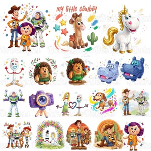 May include: A digital illustration sheet featuring various Toy Story characters including Woody, Buzz Lightyear, Forky, and Jessie, alongside a unicorn, hedgehogs, a hippo, and a camera, with the text my little cowboy written at the top.