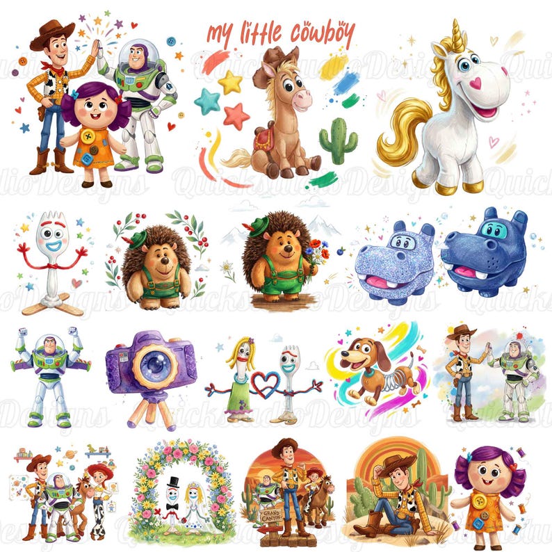 May include: A digital illustration sheet featuring various Toy Story characters including Woody, Buzz Lightyear, Forky, and Jessie, alongside a unicorn, hedgehogs, a hippo, and a camera, with the text my little cowboy written at the top.