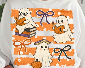 Fantasma Leitor PNG, Design de Sublimação de Fantasmas Lendo, Clipart de Camiseta de Halloween para Amantes de Livros com Laço Coquette, Leitor de Outono PNG, Professor Bibliotecário