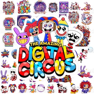May include: A collection of stickers featuring characters and the logo from The Amazing Digital Circus. The central sticker displays the colorful text The Amazing Digital Circus with cartoon figures including a jester, a rabbit, and a clown.