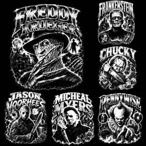 May include: A black and white graphic print featuring horror movie characters including Freddy Krueger, Frankenstein, Chucky, Jason Voorhees, Michael Myers, and Pennywise. Each character is depicted with their name in a stylised font.