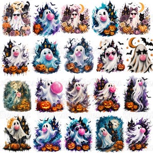 May include: A collection of twenty digital illustrations featuring white ghosts blowing pink bubblegum, surrounded by orange pumpkins, dark haunted houses, crescent moons, and bats. The artwork uses a watercolor style with vibrant purple, blue, and orange accents.