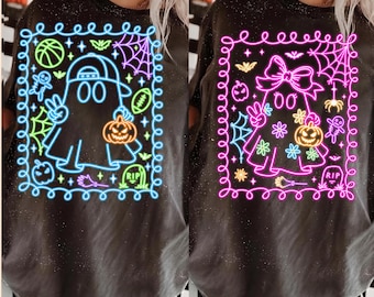 Crianças Fantasma Neon Preppy de Halloween PNG, Clipart de Sublimação Coquette Brilhante e Assustadora, Camiseta Neon Fofa para Menino e Menina, Coquette Rosa de Halloween