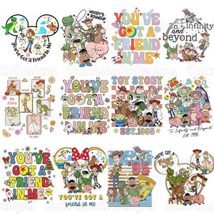 May include: A collection of twelve colorful graphic designs featuring Toy Story characters including Woody, Buzz Lightyear, Rex, and Slinky Dog. The illustrations incorporate various phrases like You've Got A Friend In Me, To Infinity And Beyond, and Toy Story Est. 1995 with stars, hearts, and retro-style typography.