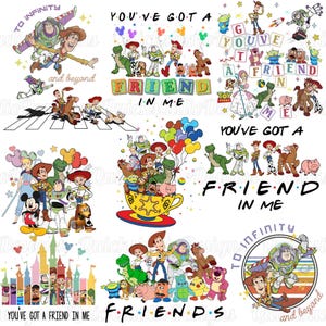 May include: A collection of digital illustrations featuring Toy Story characters including Woody, Buzz Lightyear, Jessie, Rex, and others, with text elements like To Infinity and Beyond and You've Got a Friend in Me, displayed in various colorful scenes.