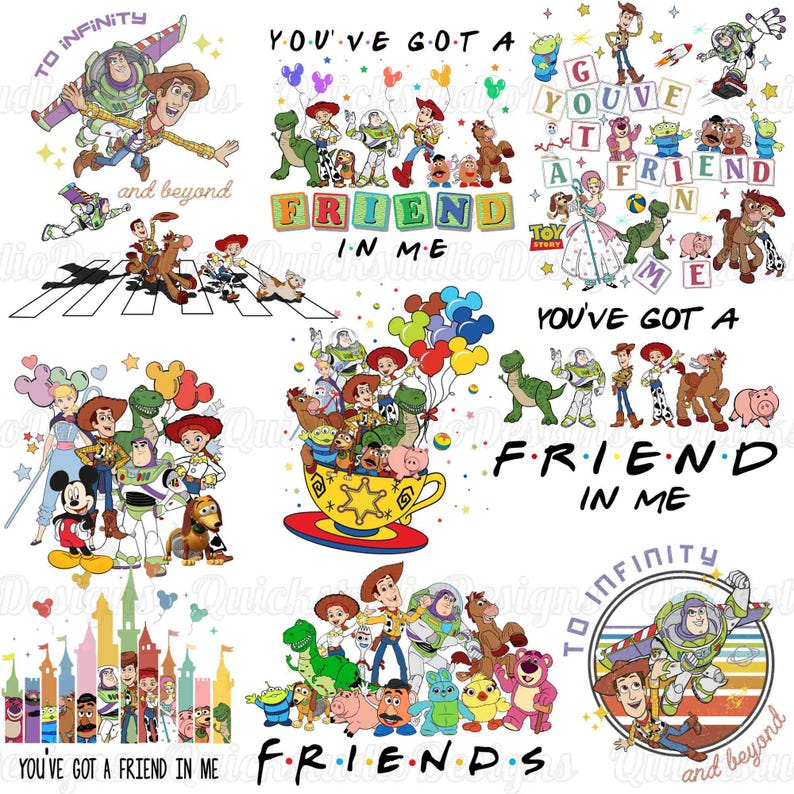 May include: A collection of digital illustrations featuring Toy Story characters including Woody, Buzz Lightyear, Jessie, Rex, and others, with text elements like To Infinity and Beyond and You've Got a Friend in Me, displayed in various colorful scenes.