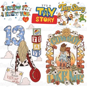 May include: A digital graphic collection featuring various illustrations including the text I KNEW IT, I KNEW YOU, IT'S A TAY STORY, 13, TAY, TAYS ROOM KEEP OUT, and COWBOY LIKE ME. The designs include cartoon figures, alphabet blocks, and floral motifs.