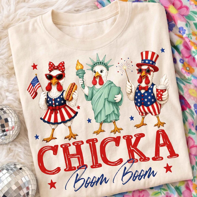 Puede incluir: Camiseta color crema con tres pollos de dibujos animados vestidos con atuendos patri&oacute;ticos. Un pollo sostiene una bandera estadounidense y un perrito caliente, otro est&aacute; vestido como la Estatua de la Libertad, y el tercero lleva un sombrero de copa y una pajarita. El texto "CHICKA Boom Boom" est&aacute; impreso en rojo y azul.