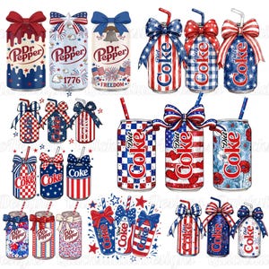 Può includere: Una collezione di illustrazioni digitali di lattine di bibite decorate con temi patriottici rossi, bianchi e blu, fiocchi e cannucce. I design includono i marchi Dr. Pepper, Diet Coke e Coke con motivi a stelle, strisce e fuochi d'artificio.