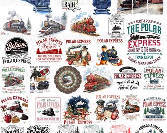 Pacote de imagens PNG do Trem Expresso Polar, Design de Sublimação do Sino Believe, Camiseta com Bilhete da Estação Ferroviária do Polo Norte, Clipart da Locomotiva do Polo Norte Believe