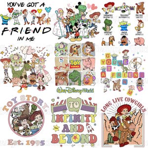 May include: A collection of digital illustrations featuring Toy Story characters including Woody, Buzz Lightyear, Jessie, and Rex. The designs incorporate text such as You've Got A Friend In Me, To Infinity And Beyond, and Long Live Cowgirls, alongside various colorful graphic elements and Disney-themed motifs.