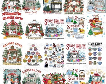 Pacote de imagens PNG de inverno de Stars Hollow, Clipart de sublimação de gazebo de Natal, Design do Luke's Diner, Camiseta digital para festival de Natal em cidade pequena com tema de café