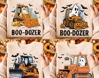 Pacote de imagens PNG de trator fantasma Boo Dozer para o Halloween, estampa de trator fantasma para sublimação, clipart fofo de abóbora assustadora, camiseta infantil para menino