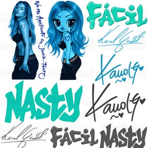 May include: A digital graphic sheet featuring two blue-toned illustrations of a person with long hair, one realistic and one stylized. Includes the text "No Me Arrepiento De Sentir Tanto", "FÁCIL", "NASTY", and "Karol G" in various fonts and styles.