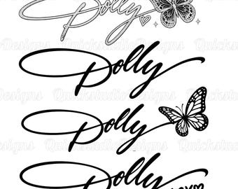 Pacote de imagens PNG com a assinatura de Dolly Parton, sublimação comemorativa com borboleta, clipart minimalista com nome, impressão digital de bolso em homenagem à lenda da música country com o xoxo.