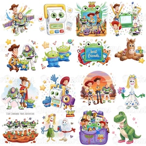 May include: A collection of Toy Story character illustrations featuring Woody, Buzz Lightyear, Jessie, Forky, Rex, and Bullseye in various poses, including group scenes, individual portraits, and a backpack filled with toys, rendered in a colorful cartoon style.
