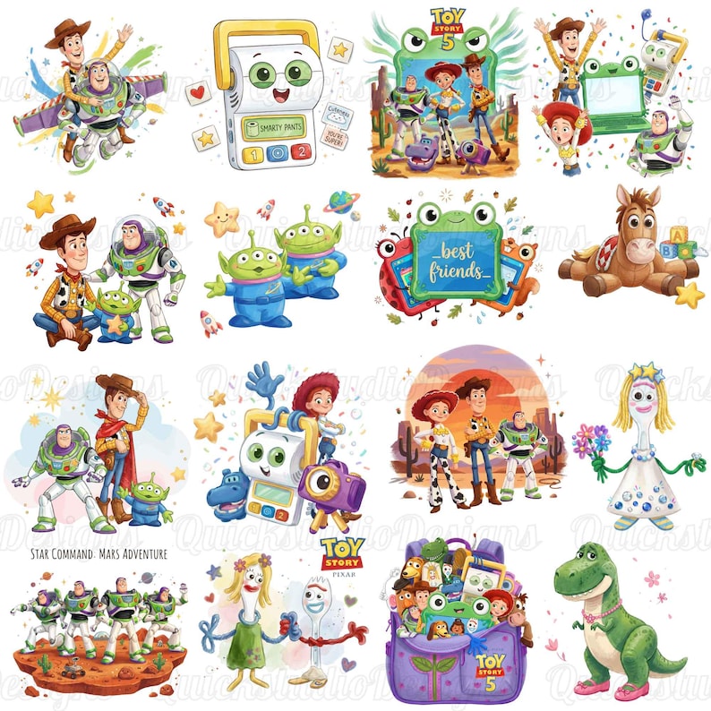 May include: A collection of Toy Story character illustrations featuring Woody, Buzz Lightyear, Jessie, Forky, Rex, and Bullseye in various poses, including group scenes, individual portraits, and a backpack filled with toys, rendered in a colorful cartoon style.