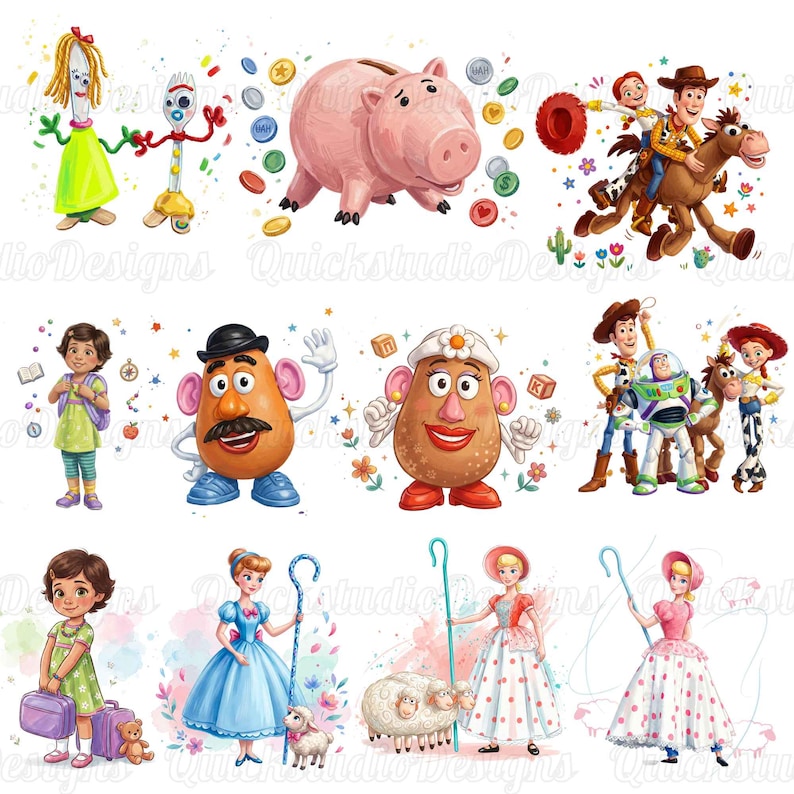 May include: A digital illustration sheet featuring various Toy Story characters including Forky, a pink piggy bank, Woody riding Bullseye, Mr. and Mrs. Potato Head, Buzz Lightyear, Jessie, Bo Peep with sheep, and a young girl with luggage.