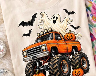PNG de Monster Truck de Halloween, Design de Sublimação de Caminhão 4x4 Abóbora Fantasma, Clipart para Camiseta Infantil da Temporada Assustadora, Download Digital DTF para Crianças no Outono