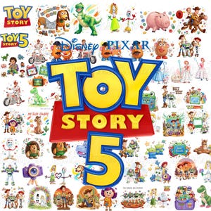 May include: A digital collage featuring the Toy Story 5 logo in large blue and yellow letters over a red background. The image is filled with numerous colorful illustrations of characters including Woody, Buzz Lightyear, Rex, Slinky Dog, and Forky.