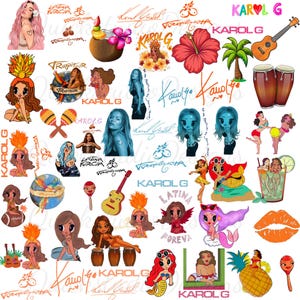 Op de afbeelding: Een verzameling kleurrijke stickers met illustraties van Karol G, waaronder chibi-stijl personages, zeemeerminnen, tropische bloemen, palmbomen, gitaren, conga's, maraca's, ananassen en lippen, met diverse handtekeningen en teksten.