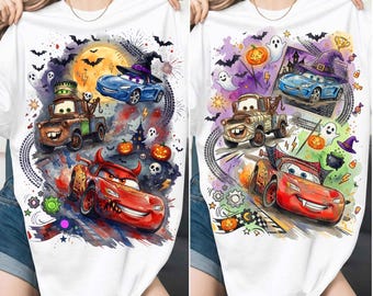 Carro de corrida de Halloween PNG, desenho animado de corrida infantil, carro fofo de Halloween, Relâmpago McQueen assustador, companheiro de reboque assombrado (download digital)