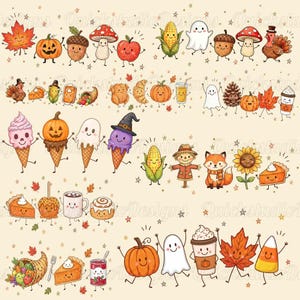 May include: A collection of cute, anthropomorphic autumn and Halloween-themed illustrations featuring smiling pumpkins, ghosts, turkeys, corn, mushrooms, acorns, maple leaves, pies, coffee cups, ice cream cones, a fox, a sunflower, and a cornucopia.