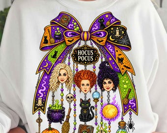 Laço Hocus Pocus PNG, Design de Sublimação das Irmãs Sanderson, Camiseta com Pingentes de Laço Coquette da Bruxa Roxa PNG, Livro de Feitiços de Caldeirão de Bruxa de Halloween