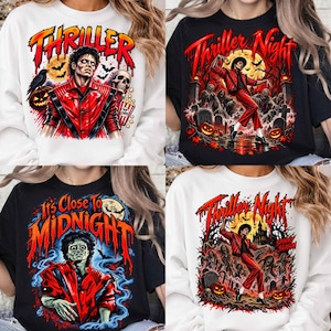 Puede incluir: Una colección de cuatro camisas con estampados gráficos de una persona con chaqueta roja, con textos que incluyen "Thriller", "Thriller Night" e "It's Close To Midnight". Los diseños incorporan elementos espeluznantes como zombis, calabazas, murciélagos y cementerios.