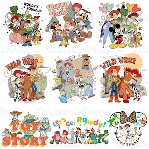 May include: A collection of nine colorful graphic illustrations featuring various animated characters from Toy Story and Mickey Mouse, including text elements like Woody's Roundup, Happy Trails, Wild West, Toy Story, Let's Get Rowdy, and You've Got a Friend in Me.