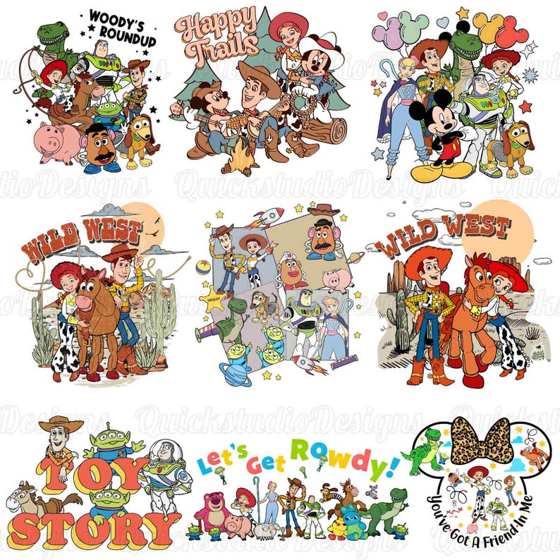 May include: A collection of nine colorful graphic illustrations featuring various animated characters from Toy Story and Mickey Mouse, including text elements like Woody's Roundup, Happy Trails, Wild West, Toy Story, Let's Get Rowdy, and You've Got a Friend in Me.