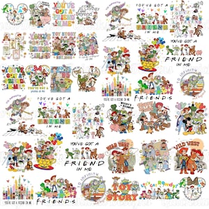 May include: A collection of colorful graphic designs featuring Toy Story characters like Woody, Buzz Lightyear, and Rex. The illustrations include phrases such as You've Got a Friend in Me, To Infinity and Beyond, and Toy Story, displayed in various fonts.