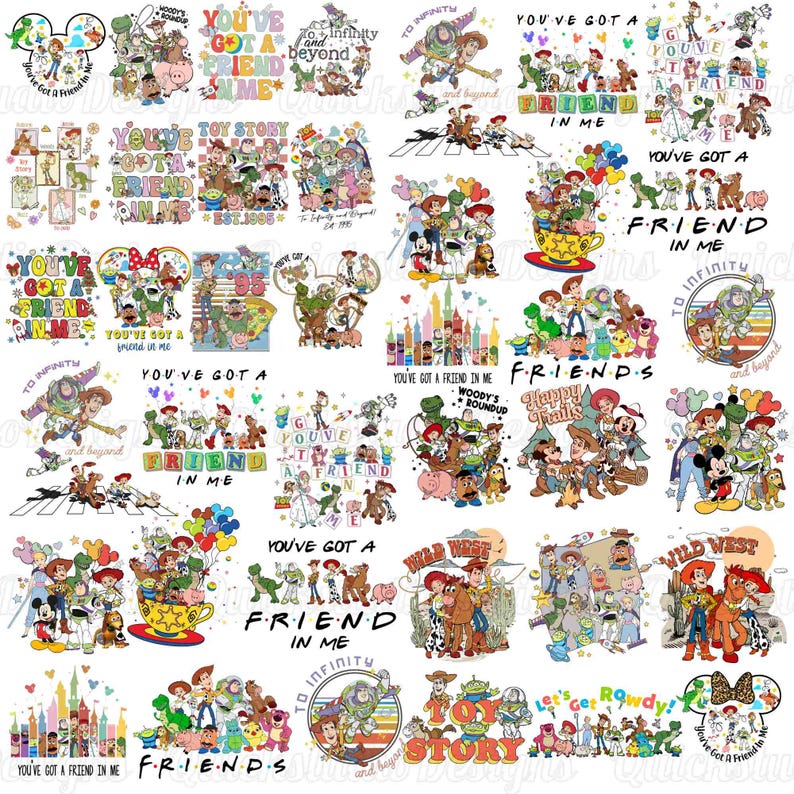 May include: A collection of colorful graphic designs featuring Toy Story characters like Woody, Buzz Lightyear, and Rex. The illustrations include phrases such as You've Got a Friend in Me, To Infinity and Beyond, and Toy Story, displayed in various fonts.