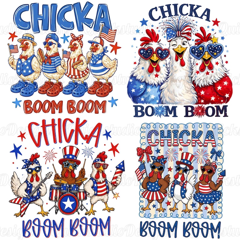Puede incluir: Ilustraciones de pollos patri&oacute;ticos en rojo, blanco y azul. Los pollos llevan gafas de sol, sombreros y banderas americanas. El texto incluye "CHICKA" y "BOOM BOOM".