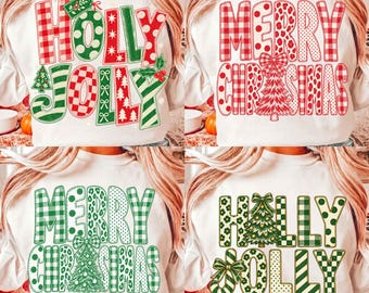 Merry Christmas Holly Jolly PNG Bundle, Pattern Letters Sublimation Design, Plaid Leopard Tree Bow Shirt,Christmas Tree Coquette Bow Clipart