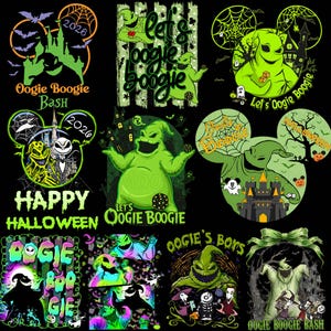 Puede incluir: Una colección de doce diseños gráficos con el personaje Oogie Boogie de The Nightmare Before Christmas, que incorporan elementos como castillos encantados, telarañas, dados y el texto Oogie Boogie Bash y Happy Halloween.