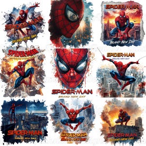 May include: A collection of nine graphic designs featuring Spider-Man in various action poses against city skylines. Each design includes the text Spider-Man Brand New Day in red and yellow lettering, set against watercolor-style splashes.