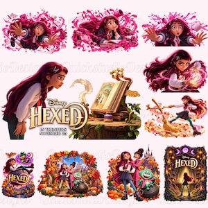May include: A collection of digital illustrations featuring a young character with long dark red hair in various scenes, including a Disney Hexed movie title graphic, an open spellbook on a tree stump, and magical forest settings with autumn leaves.