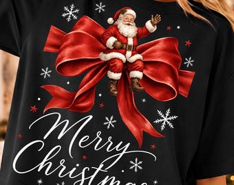 Vintage Coquette Santa Bow PNG, Santa Claus Red Satin Ribbon Sublimation Design, Merry Christmas Script Shirt, Holiday Coquette Clipart