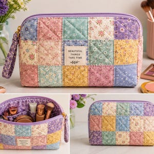 Floral Patchwork Makeup Bag Handmade Quilted Cosmetic Pouch Aesthetic Travel Toiletry Organizer Gift for Women