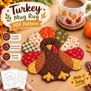 Thanksgiving Turkey Mug Rug Pattern Beginner Appliqué Sewing PDF Fall Quilted Coaster Scrap Fabric Project Instant Download