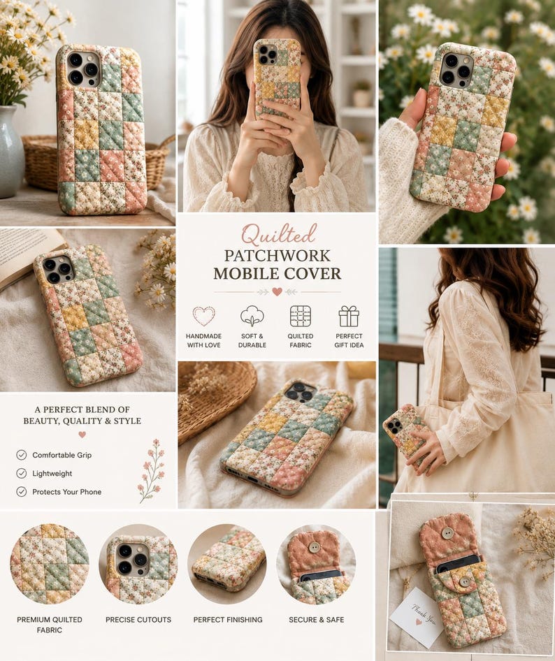 Quilted Patchwork Mobile Cover Pattern PDF DIY Fabric Phone Case Tutorial Handmade Quilted Phone Pouch Cottage core Patchwork Sewing Pattern image 2