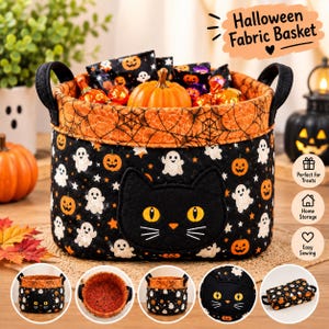 Halloween Cat Basket Sewing Pattern Large Fabric Basket PDF Black Cat Applique Pattern DIY Storage Basket Halloween Sewing Project
